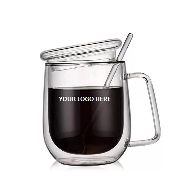 Double Wall Glass Coffee Mug w/ Glass Lid & Spoon 10 oz 1