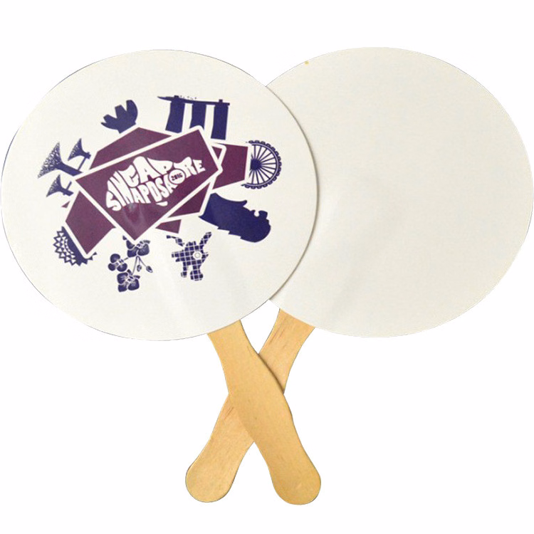 Custom Shaped Wooden Handle Paper Paddle Hand Held Fans