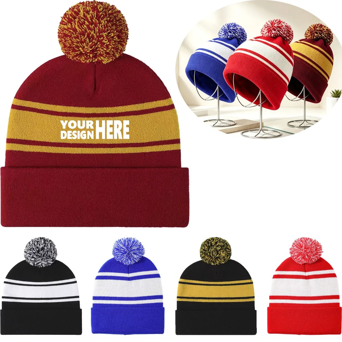 Jacquard-Knit Turn-Up Hat with Pom-Pom 1