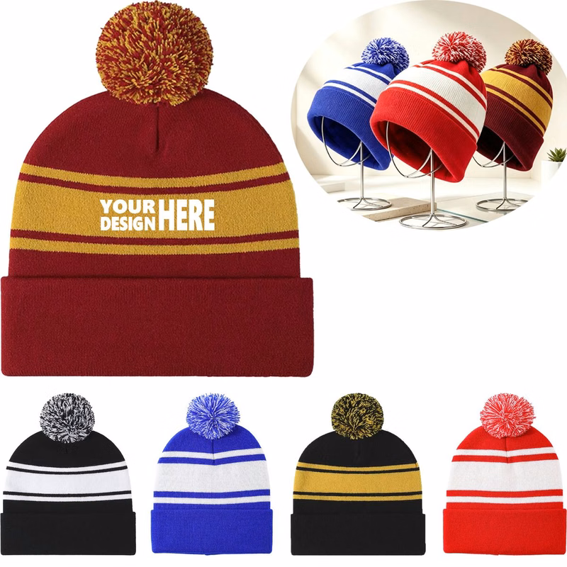 Jacquard-Knit Turn-Up Hat with Pom-Pom
