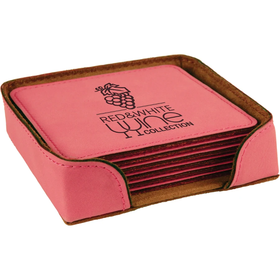 4" x 4" Pink Square Leatherette 6-Coaster Set 1