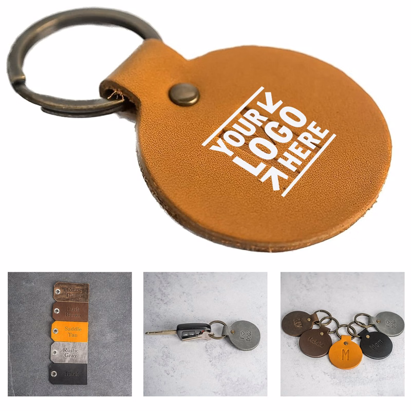 Round Personalized Premium Leather Keychain Custom Key Fob