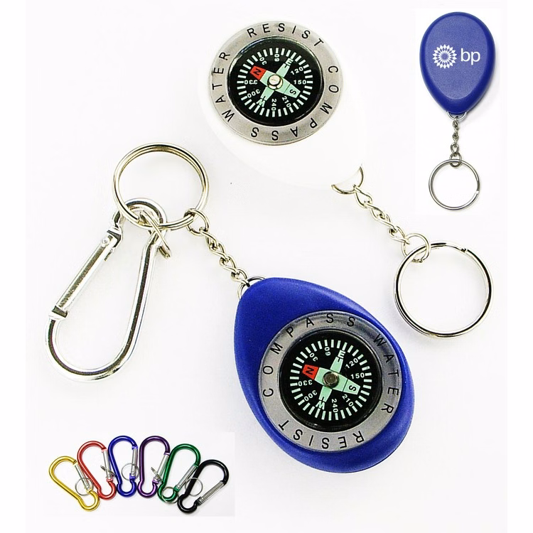Compass keychain, oval shape with swivel chain.