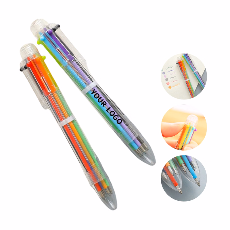 Multicolor Transparent Barrel Ballpoint Pen With Six Inks
