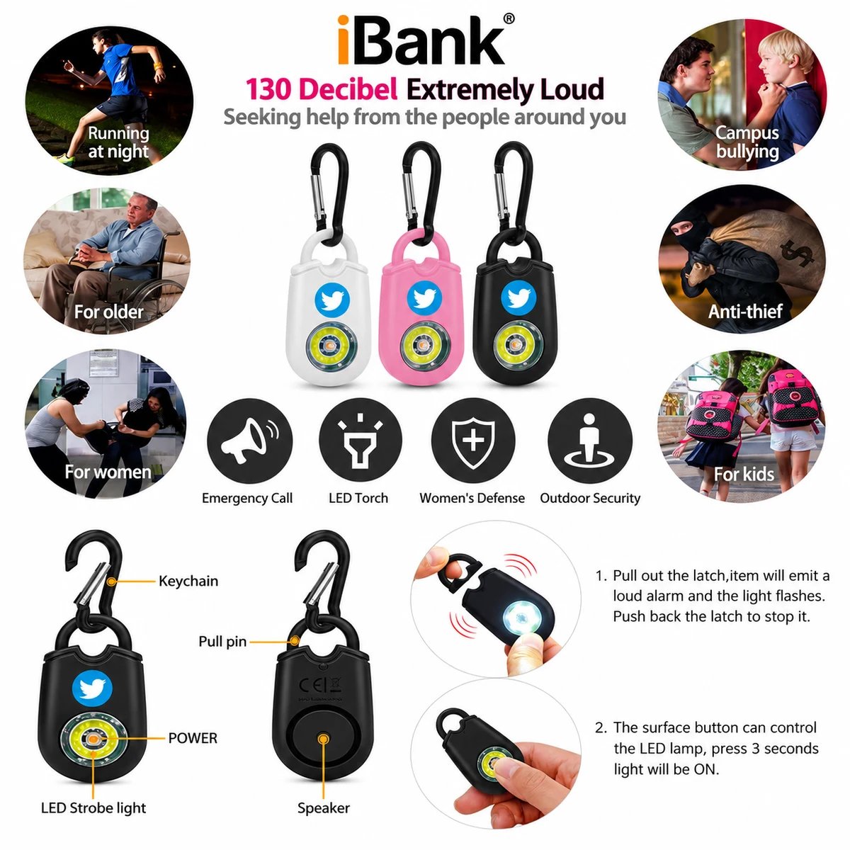 iBank ® Self Defense Alarm Keychain with SOS LED Light 1