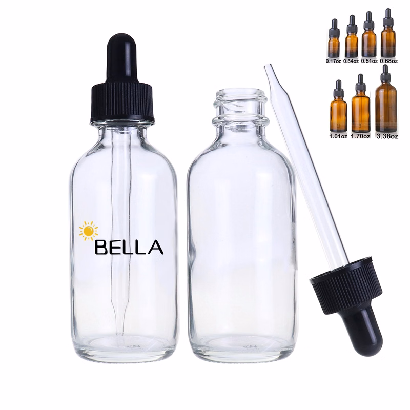 Clear Glass Boston Round Bottles With White Bulb Droppers