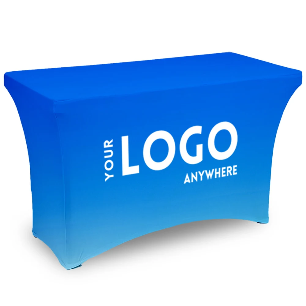 4' Fitted, 3 Sided Contour Stretch All-Over Imprint Table Cover 1