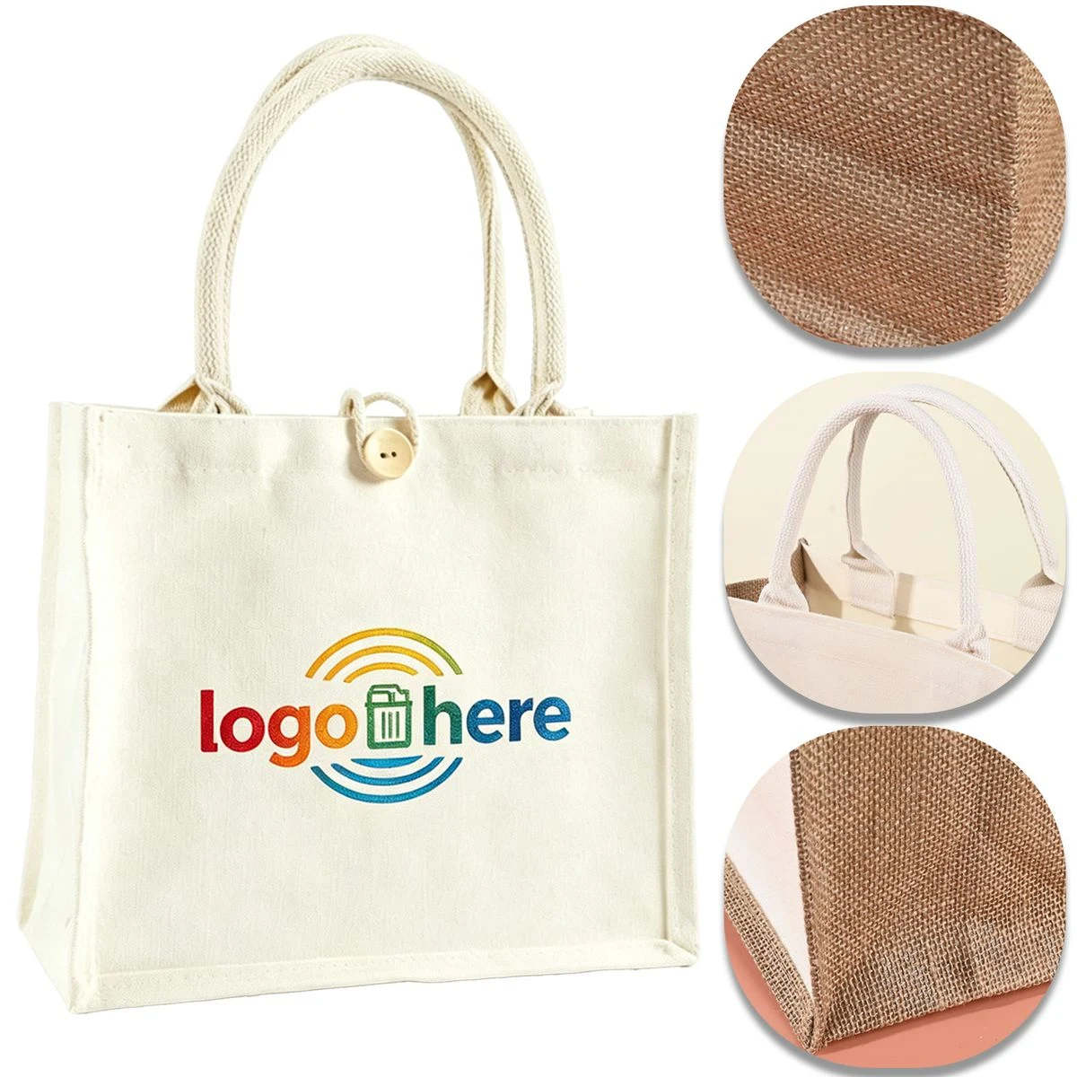 Button Shut Jute Shopping Bag, custom tote bag with logo imprint 1