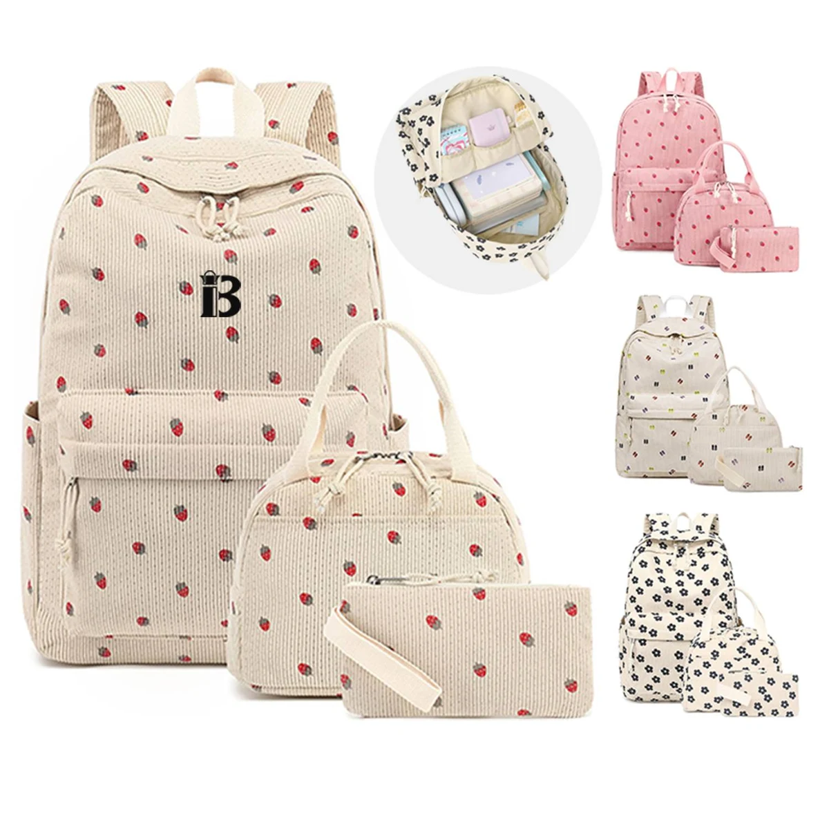 3 Piece Corduroy School Backpack Set 1