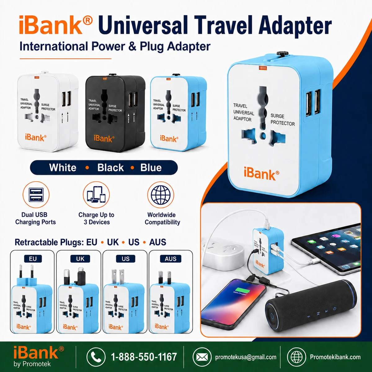 iBank® Universal Travel Adapter USB C, All in One Worldwide Plug Adapter 1