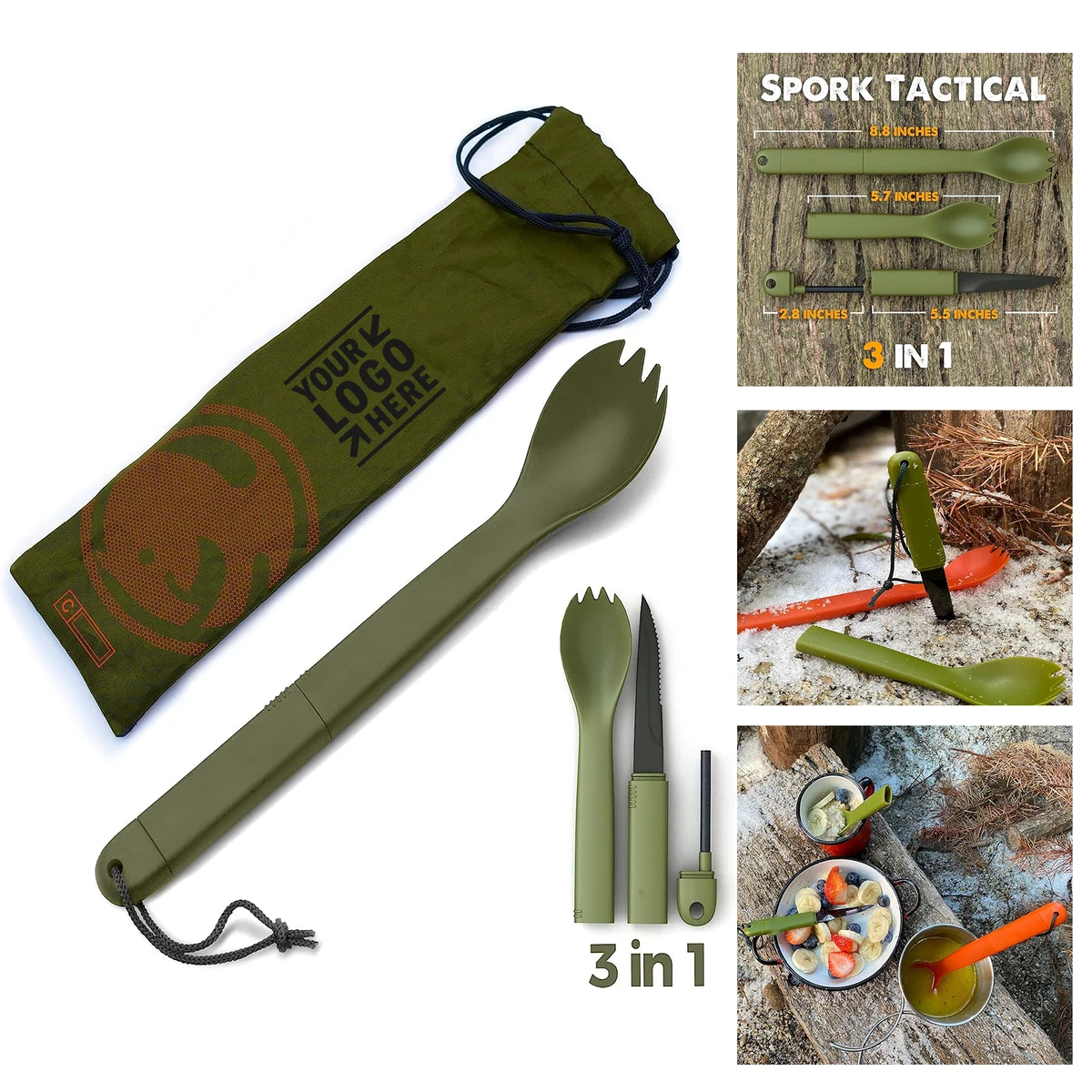 Tactical Outdoor BPA Free Stainless Steel Spoon Fork Knife Fire Starter 3 in 1 Multipurpose Utensil 1