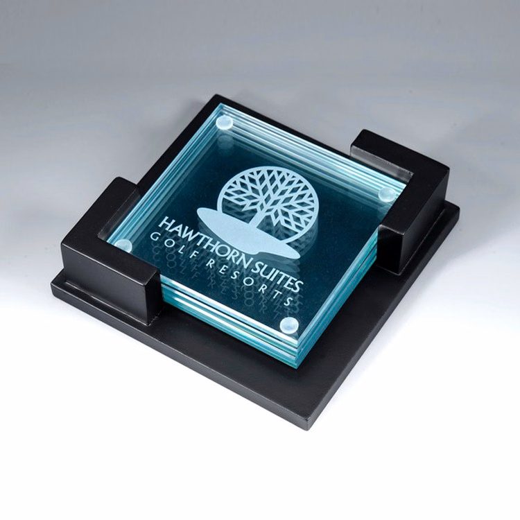 Award- Awards, Trophy, 4pcs Clear Glass Coaster w/wooden holder