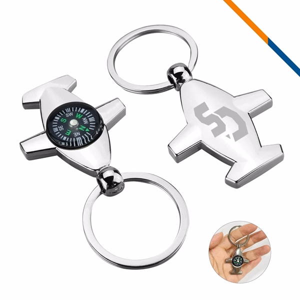 Custom Metal Compass Plane Keychain — Full-Color Travel & Outdoor Promo