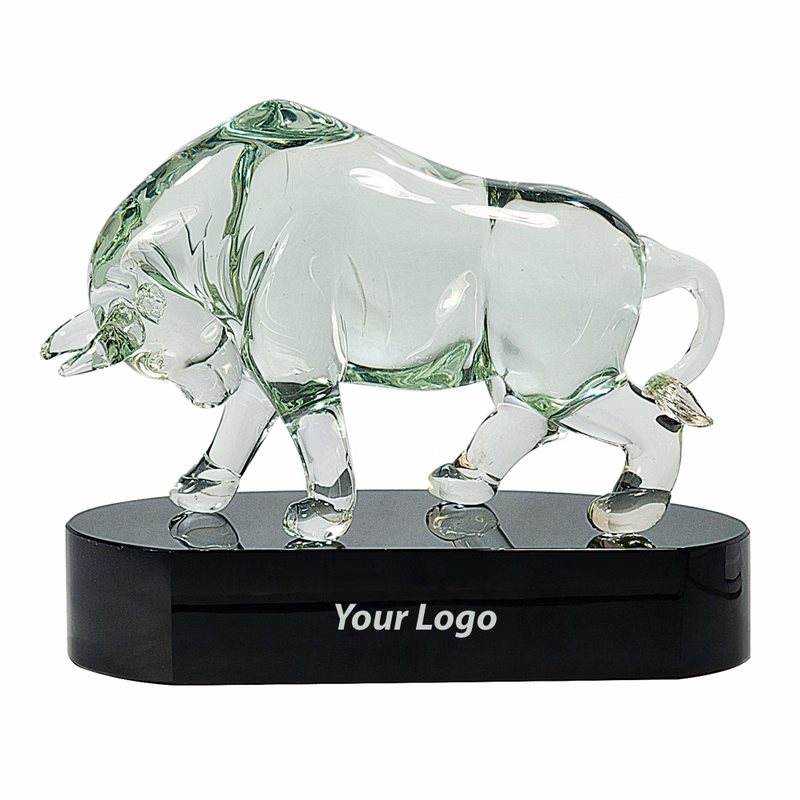 Jumbo Bull Glass Award with Black Glass Base