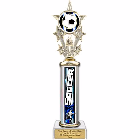 Trophy, 12" Action Matrix Soccer Blue 1 column, Wh