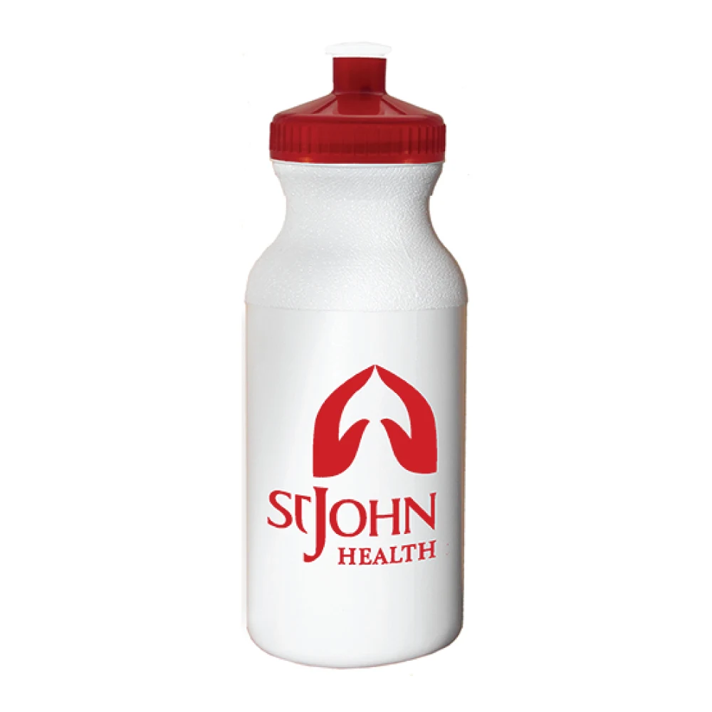 20 oz. Economy White Bike Bottle with Translucent Red 53mm Push Pull Lid 1