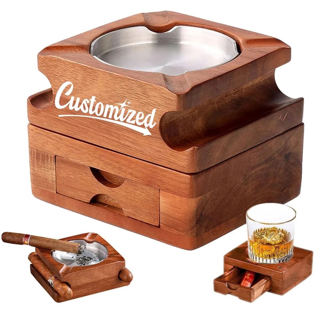 Wood Cigar Ashtray With Whiskey Glass Holder And Drawer 1