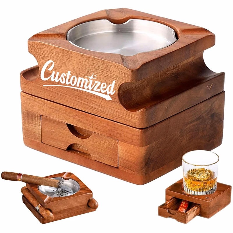 Wood Cigar Ashtray With Whiskey Glass Holder And Drawer