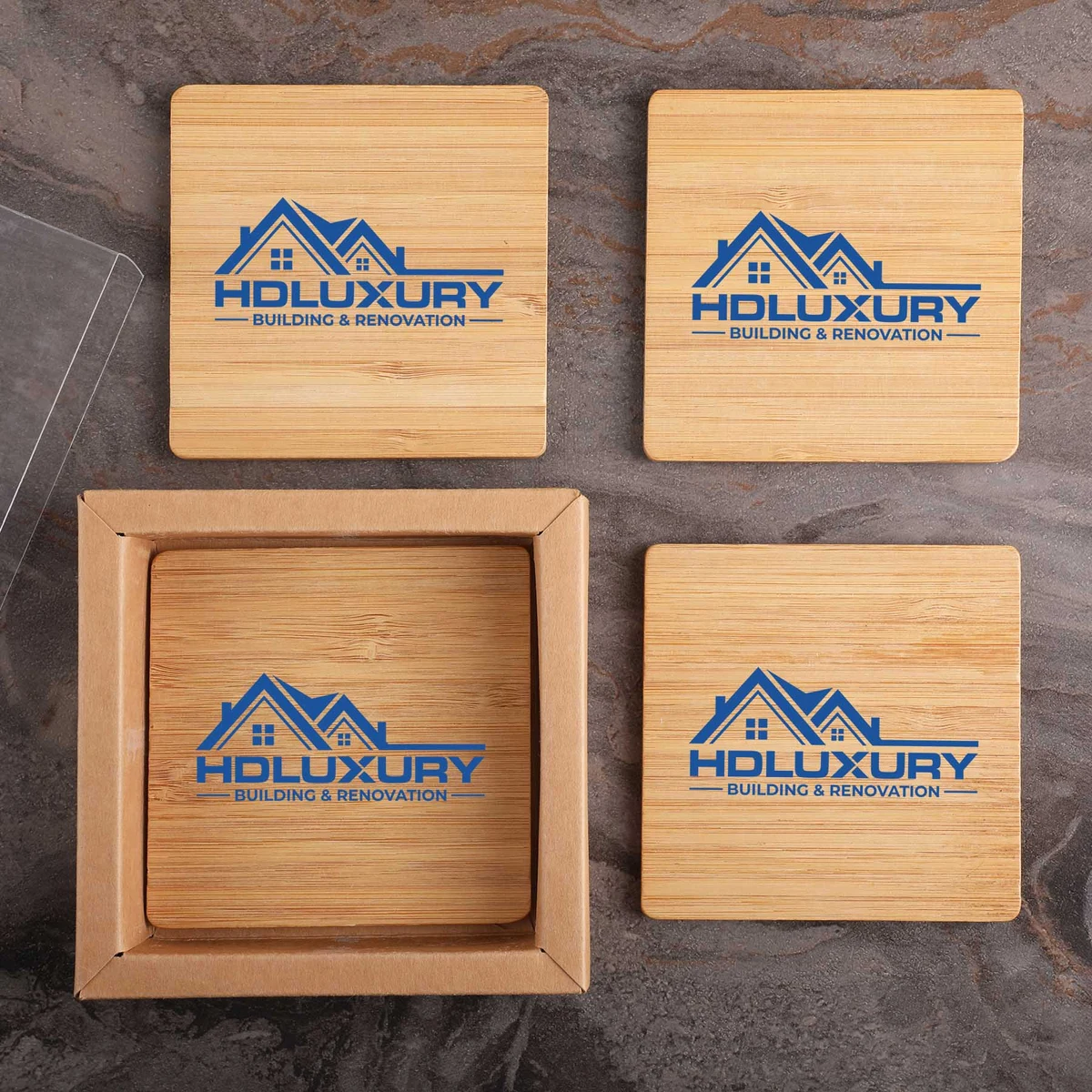 Square Bamboo 4 Pc. Coaster Set In Box 1