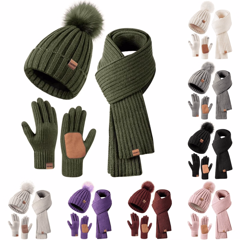 Knitted Acrylic Hat Scarf And Touchscreen Glove Set
