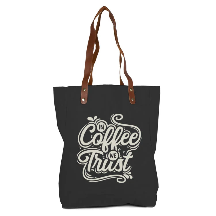 Super Sale- Black Real Leather Handle Cotton Tote 1
