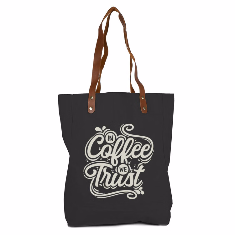 Super Sale- Black Real Leather Handle Cotton Tote