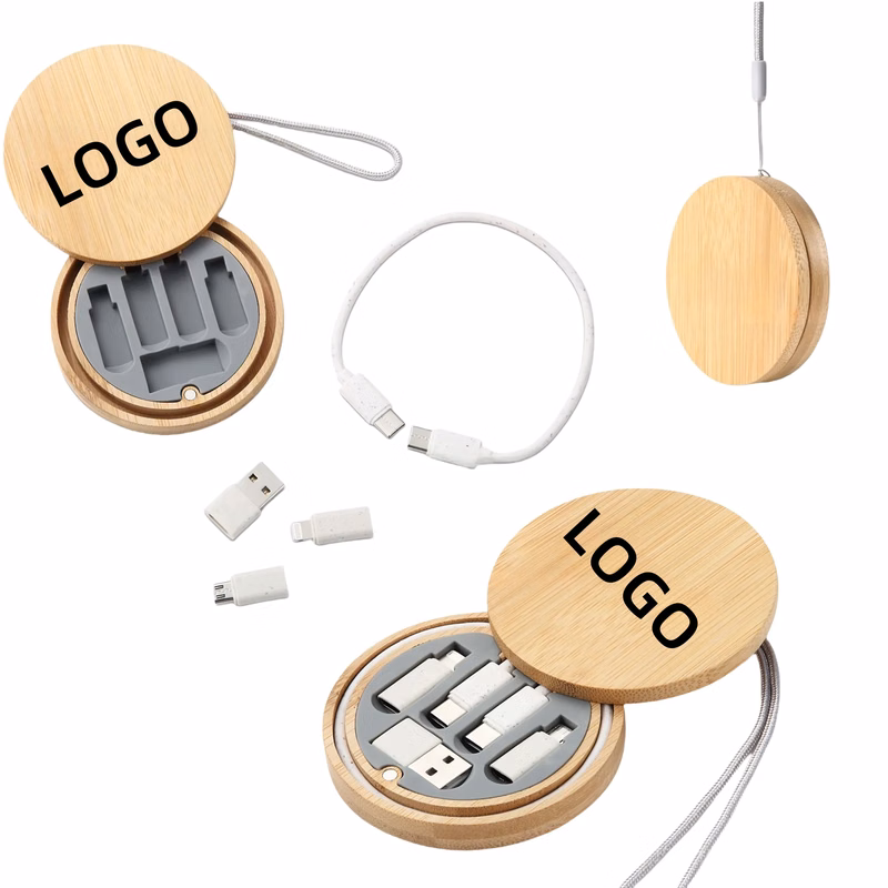 Round Bamboo Multi USB Charging Cable Adapter Kit