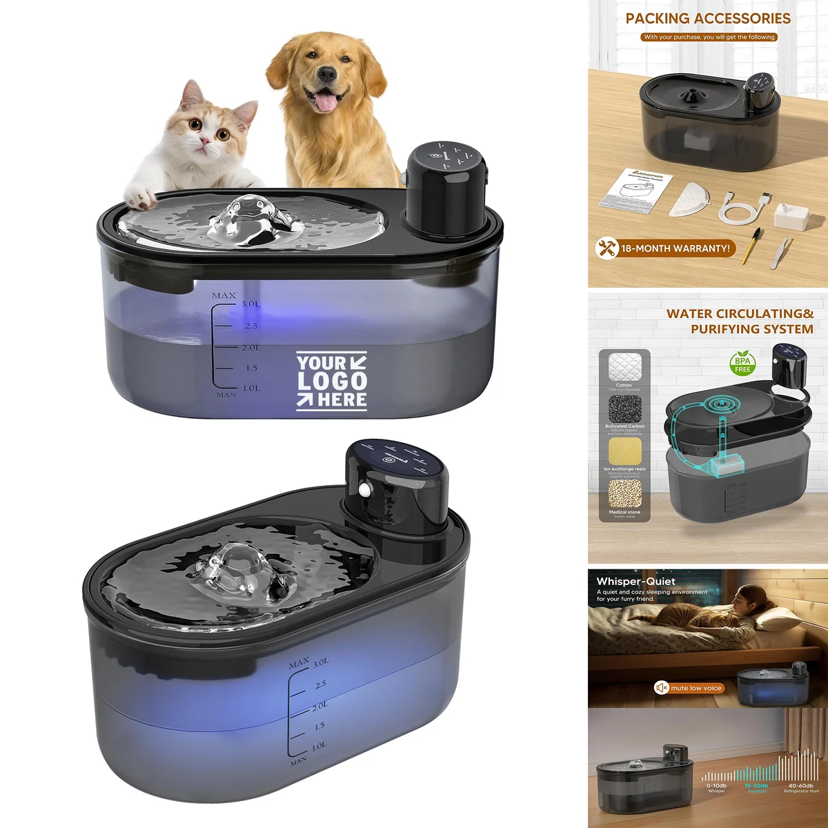 Large Capacity 3L/108oz Wireless Rechargeable Pet Dog Cat Silent Water Fountain 1