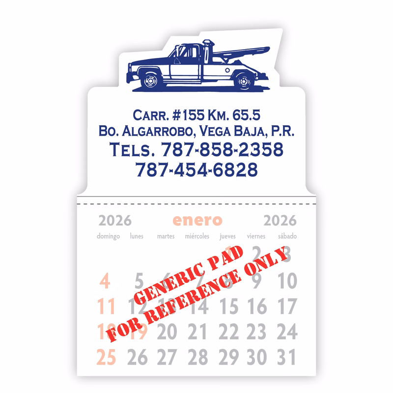 Designer Shaped Kwik-Stik 6 Mil Smooth Vinyl Spanish Calendar w/ Tow Truck Top