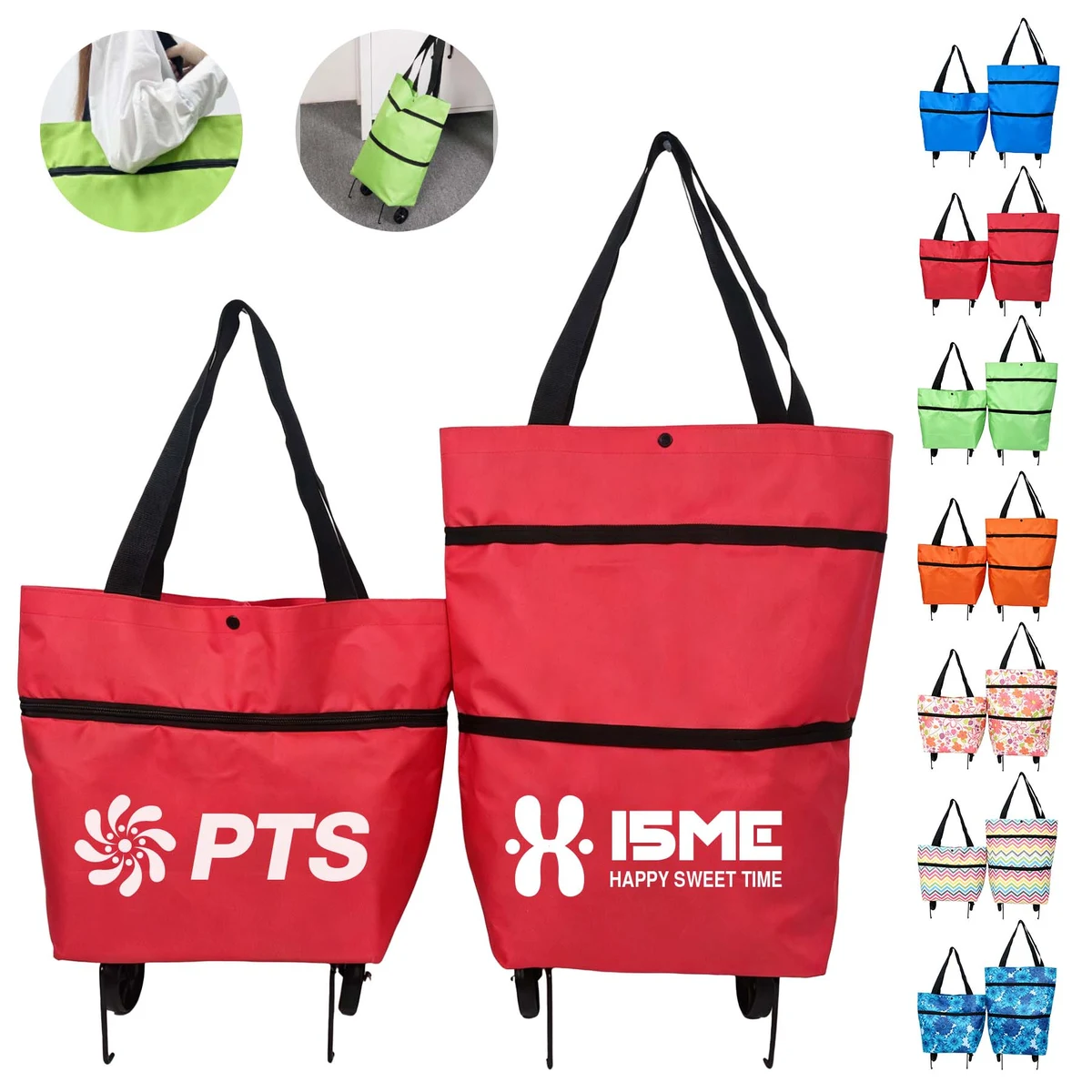 Reusable Collapsible Grocery Tote Bag with Wheels, custom tote bag with logo imprint 1