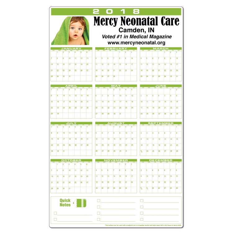 Full Color Premium Plastic Write-on/ Wipe-off Year-at-a-Glance Calendar (Vertical)
