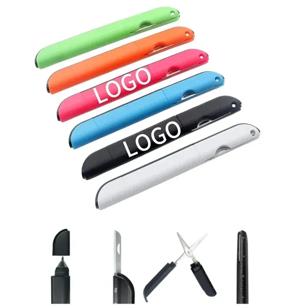 Custom Plastic 4-in-1 Folding Pen Scissors — Portable Multi-Tool Writing Instrument 1