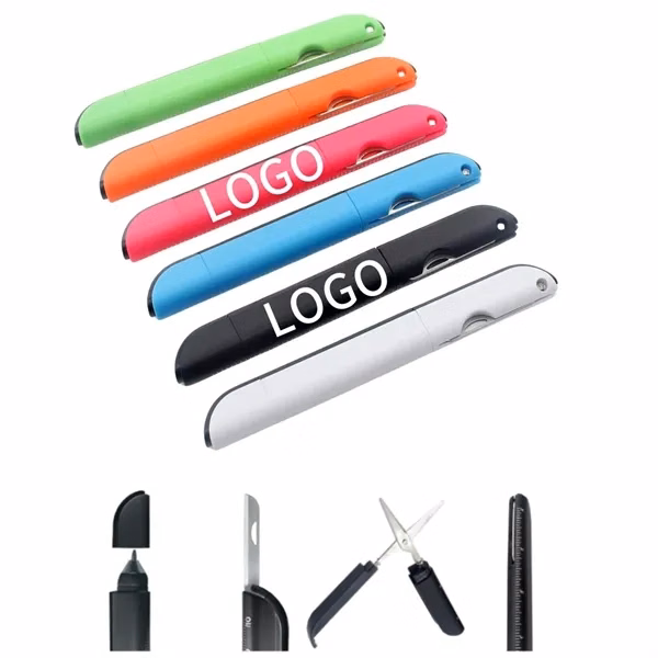 Custom Plastic 4-in-1 Folding Pen Scissors — Portable Multi-Tool Writing Instrument