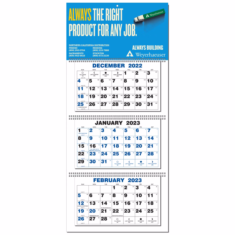 3 Month View Wall Calendar