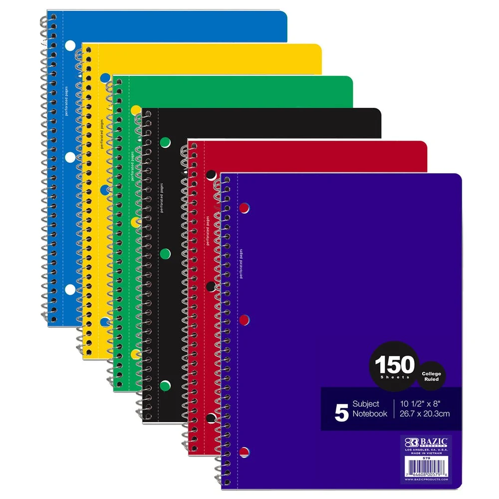 5 Subject Notebooks - College-Ruled 150 Sheets Assorted Colors 1