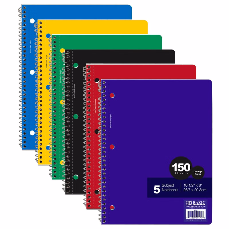 5 Subject Notebooks -  College-Ruled 150 Sheets  Assorted Colors