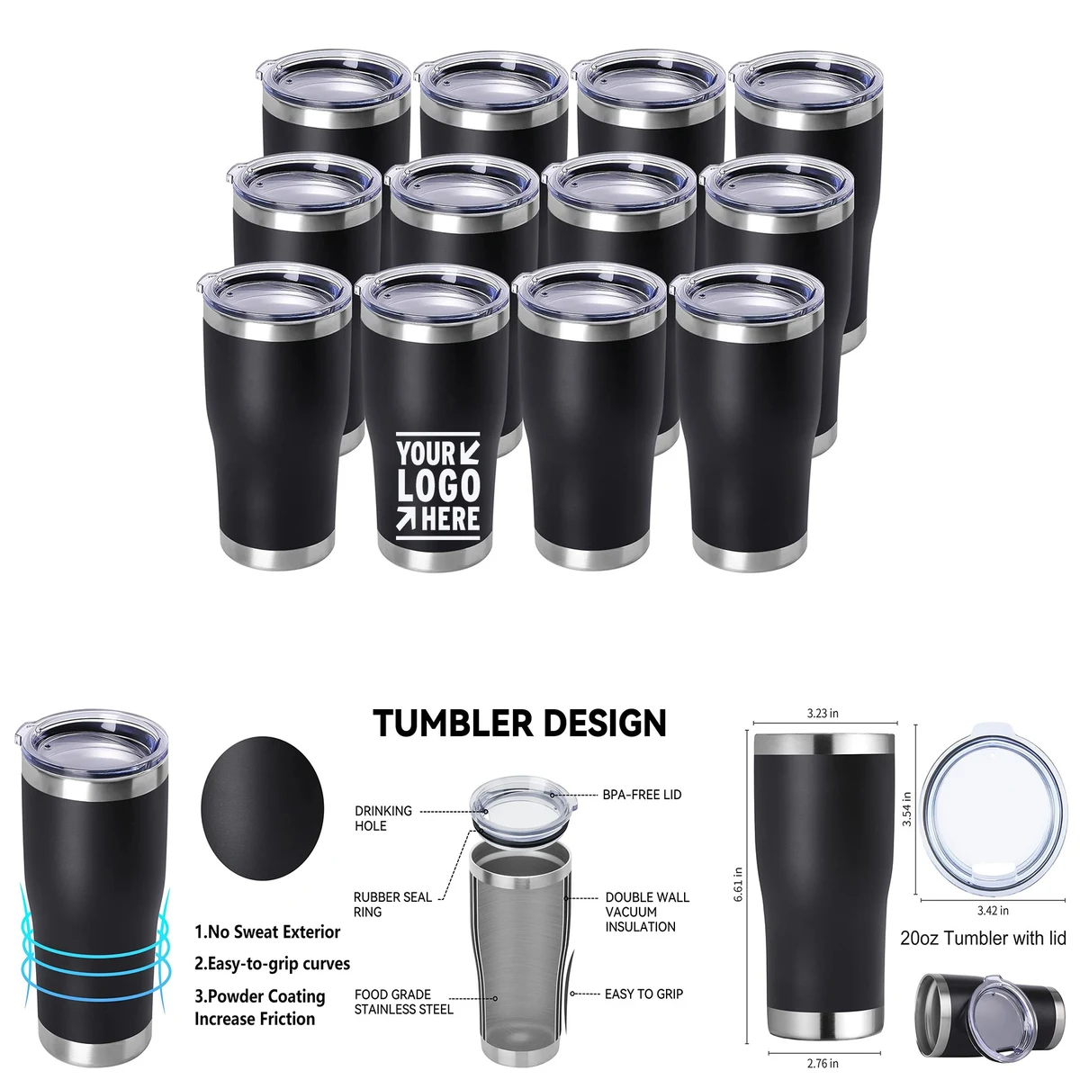 20oz Stainless Steel Tumbler with Lid Bulk Pack 1
