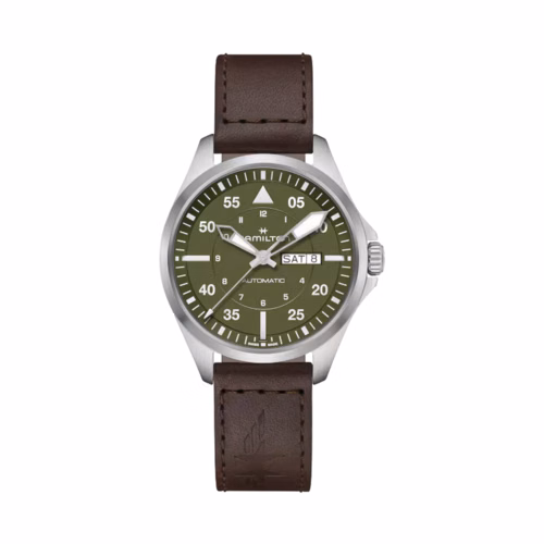 Hamilton Khaki Aviation Pilot Day Date Auto Dark Brown Leather Strap Watch