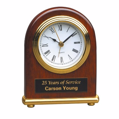 Rosewood Piano Finish Arch Desk Clock with an engraved plate