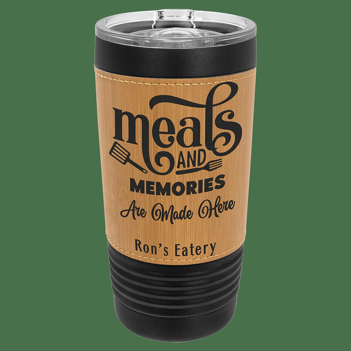 Polar Camel 20 oz Black/Bamboo with Leatherette Tumbler with Slider Lid 1