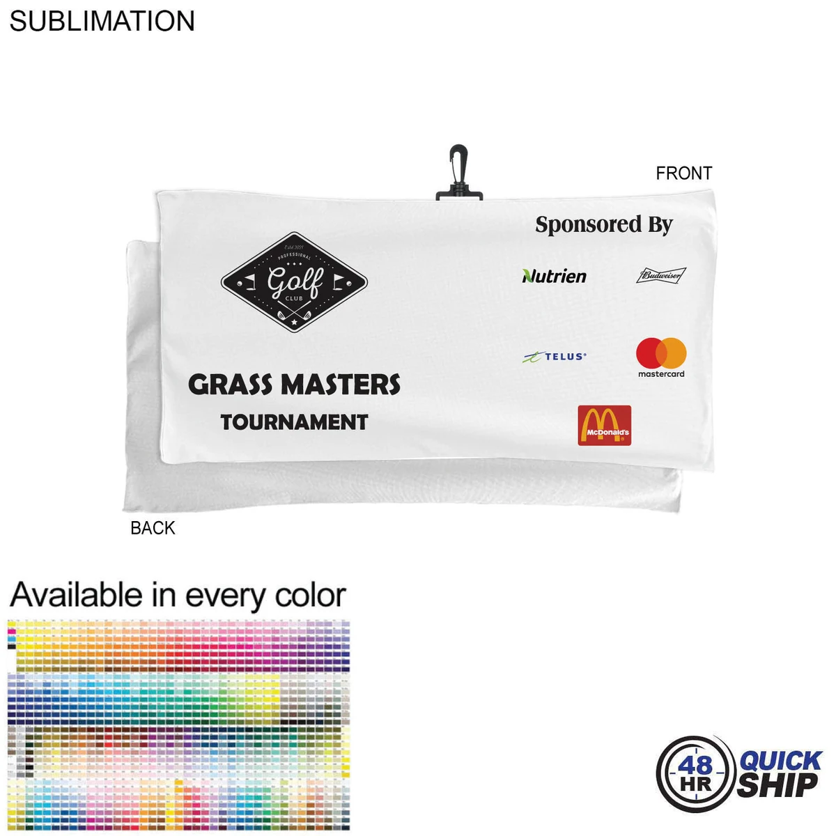 48 Hr Quick Ship - Oversized Golf Towel in Microfiber Terry, 22x44, with Black Hook, Sublimated 1