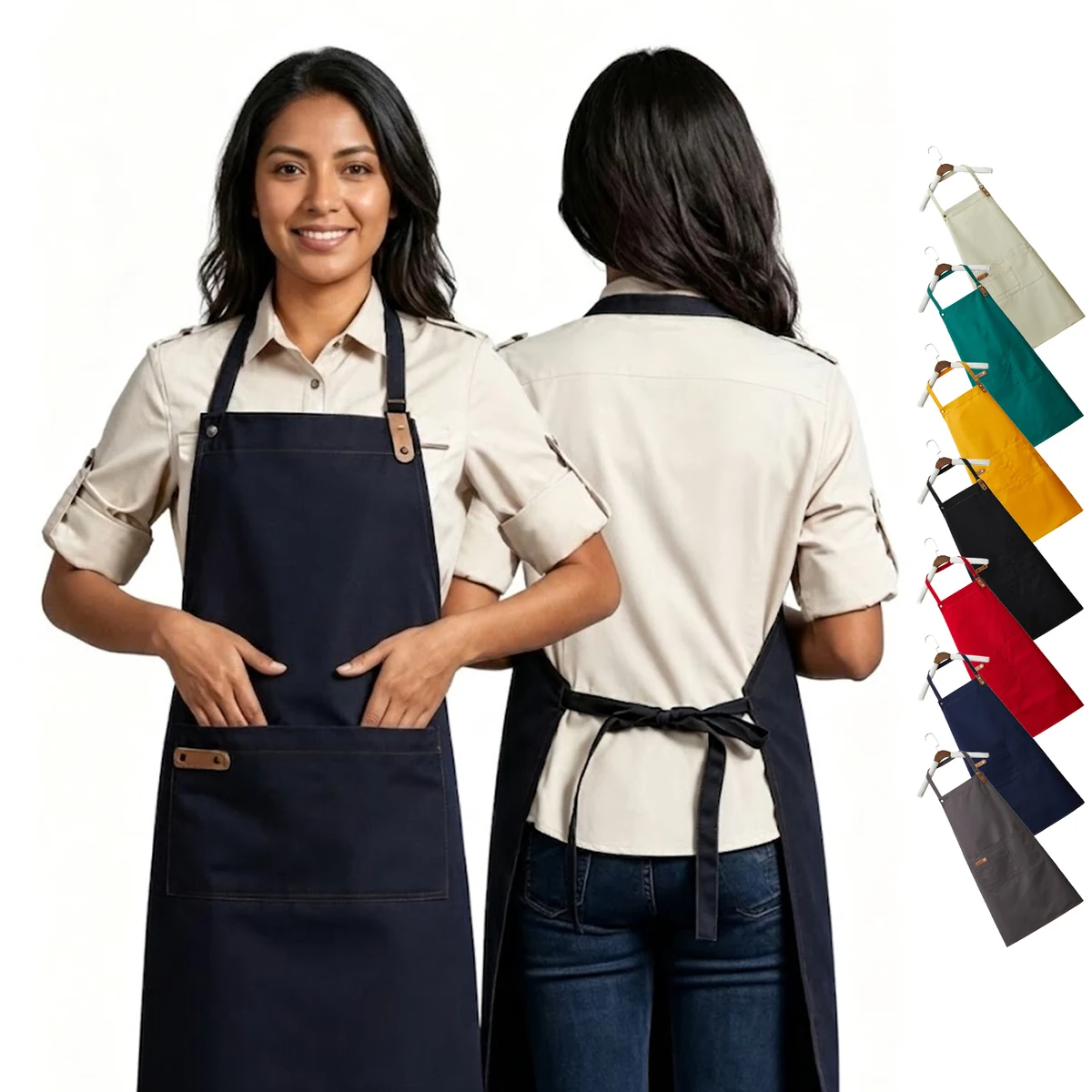 14 oz. Poly-Canvas Kitchen Apron w/ Leather accent & 2 front pocket 30"L x 25.6"W 1