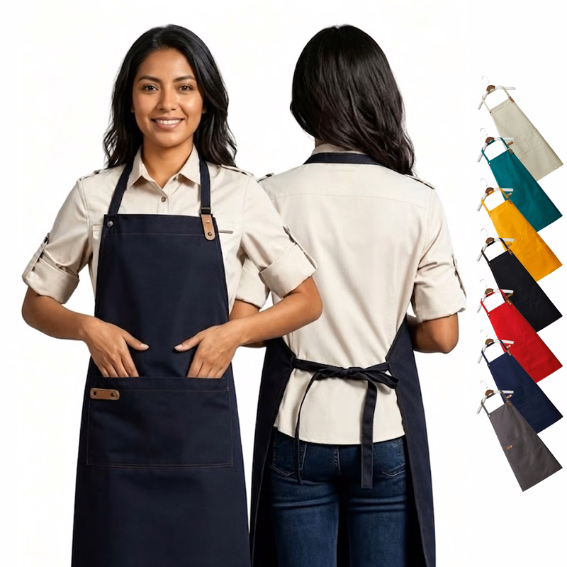 14 oz. Poly-Canvas Kitchen Apron w/ Leather accent & 2 front pocket 30"L x 25.6"W