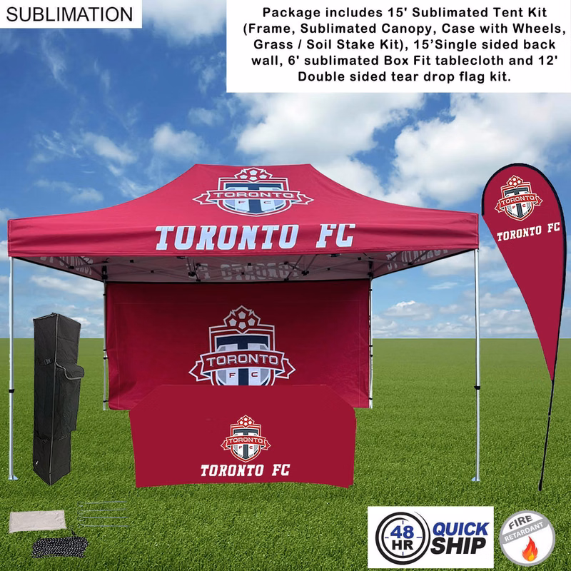 48Hr Quick Ship -Deluxe Tent Flag Package, 15' Tent, 15' Backwall, Tablecloth, Double sided Flag Kit