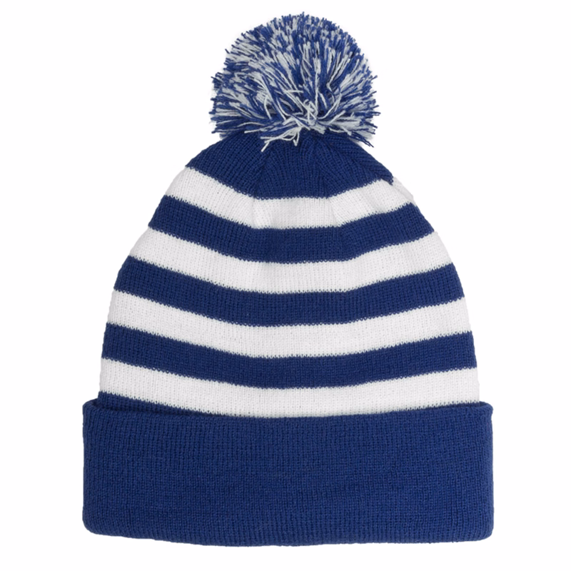 Striped Ribbed Knit Beanie with Pompom