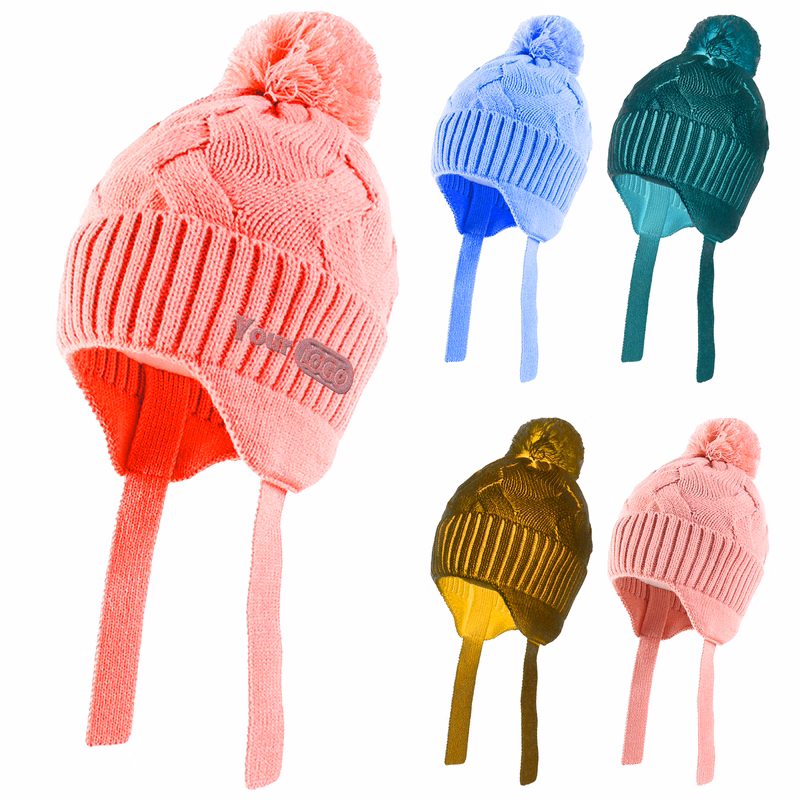 Acrylic Warm And Cozy Knit Winter Hat With Ear Flaps And Pom-Pom
