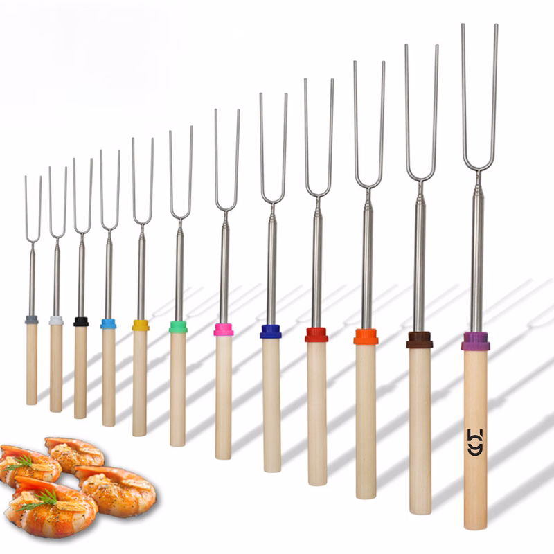 Telescopic Wooden Handle Stainless Steel Hot Dog Fork Outdoor BBQ