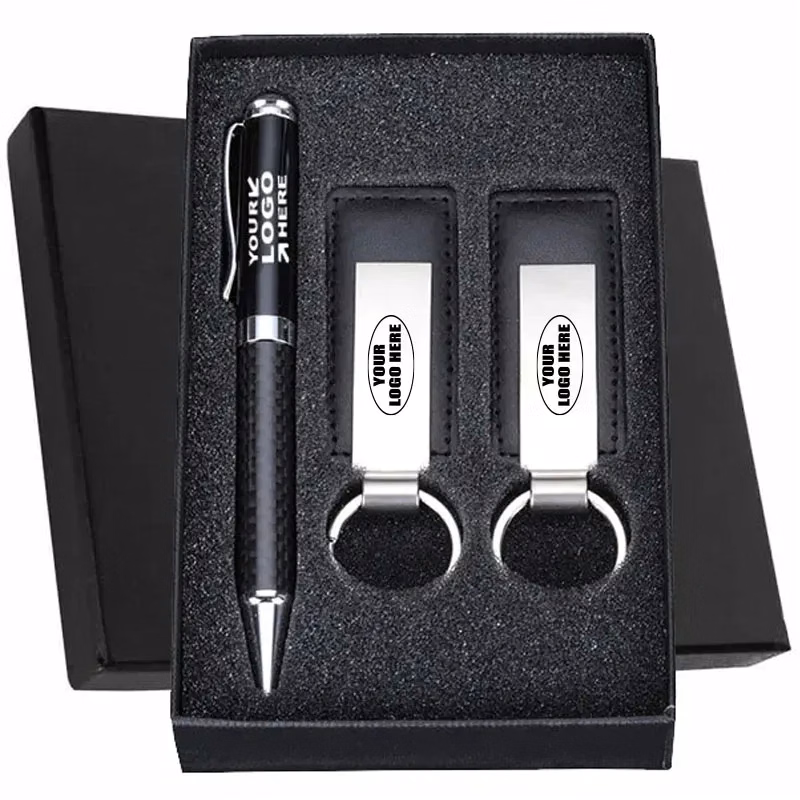 Dual Leatherette Keychains and Ballpoint Pen Gift Set