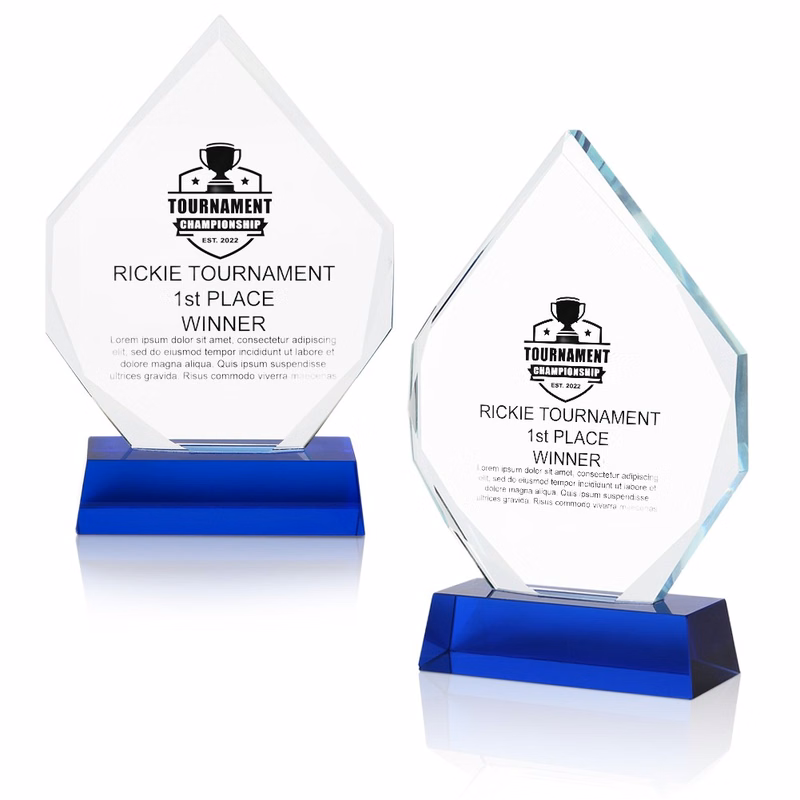 Diamond Shape Crystal Award With Blue Base