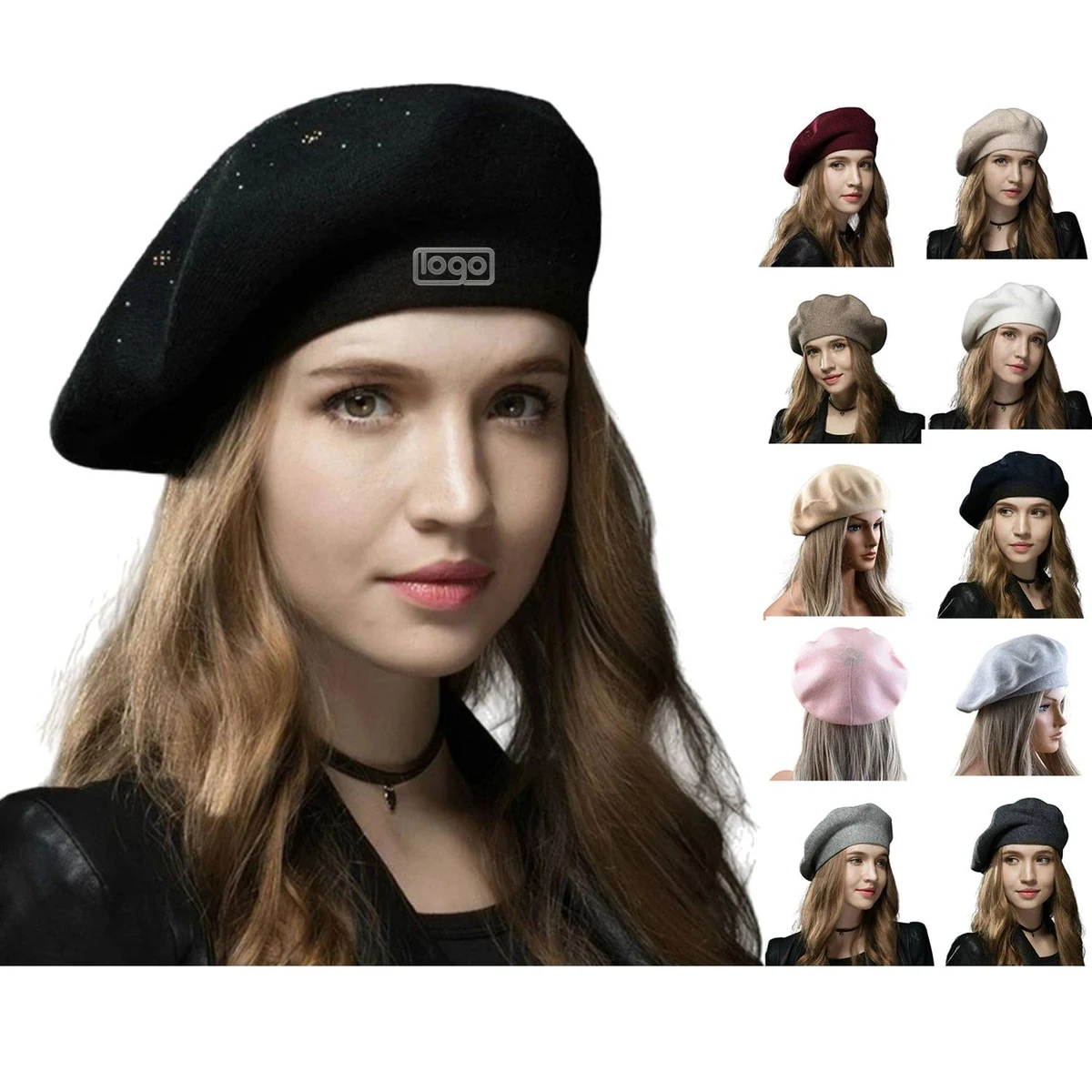 Round Crown Wool Beret Hat w/ Rhinestone Detailing 1